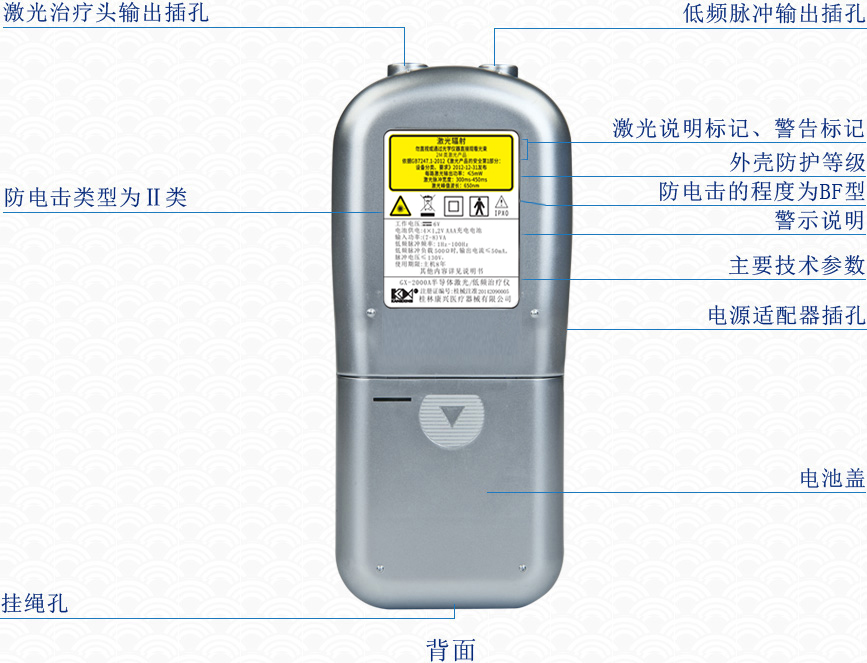 康兴三高半导体激光/低频治疗仪GX-2000A背面按键操作及信息图-康兴官网